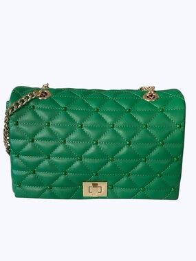 INC Green Quilted & Studded Shoulder Crossbody Bag with Gold Turn-Lock Chain